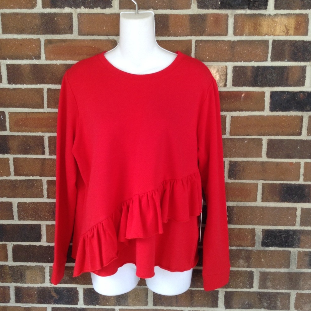 NWT Workshop Soft Modal Red Ruffle Trim Sweater Top PL Super Soft